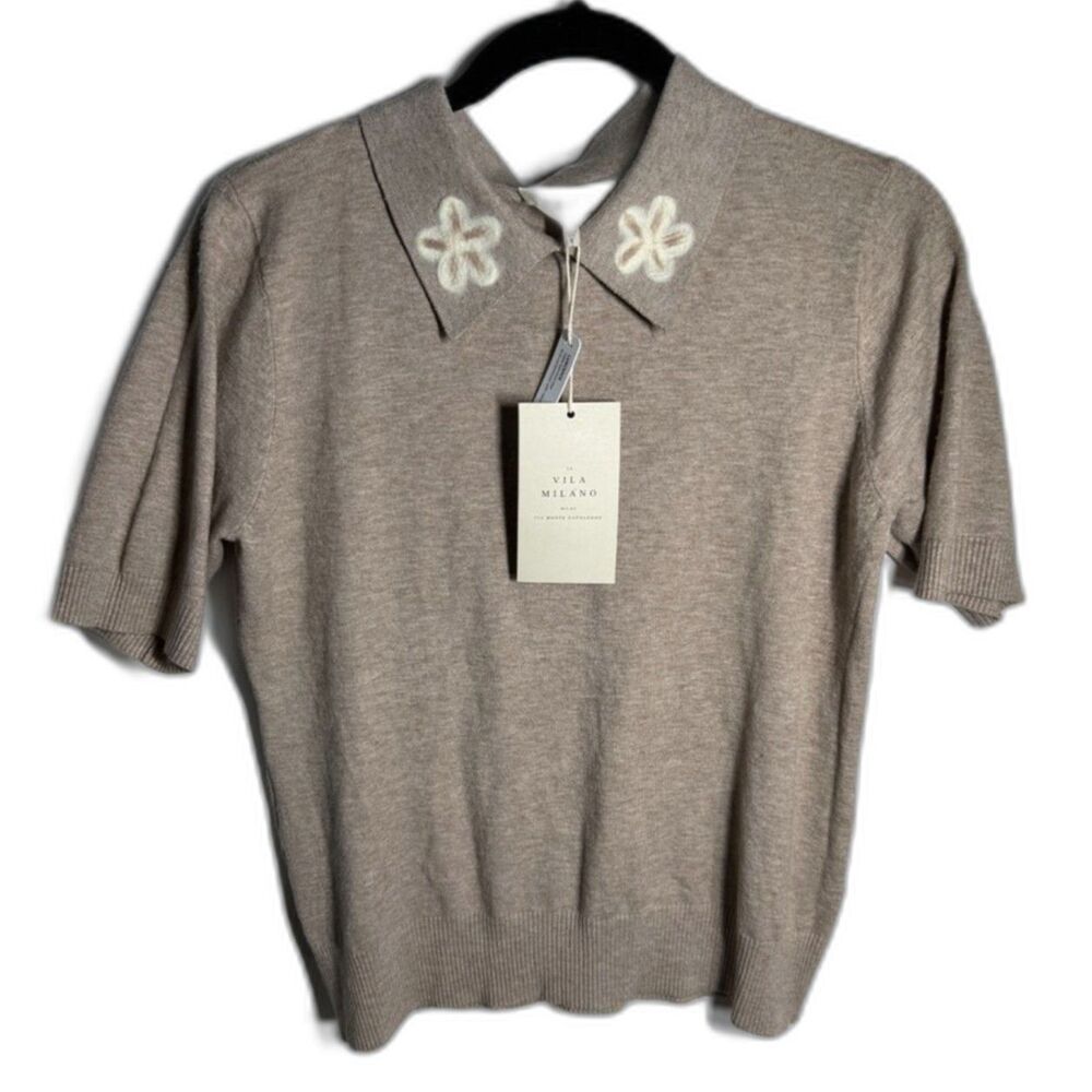 La Vila Milano Women’s Medium Taupe Knit Polo Sweater Floral Collar